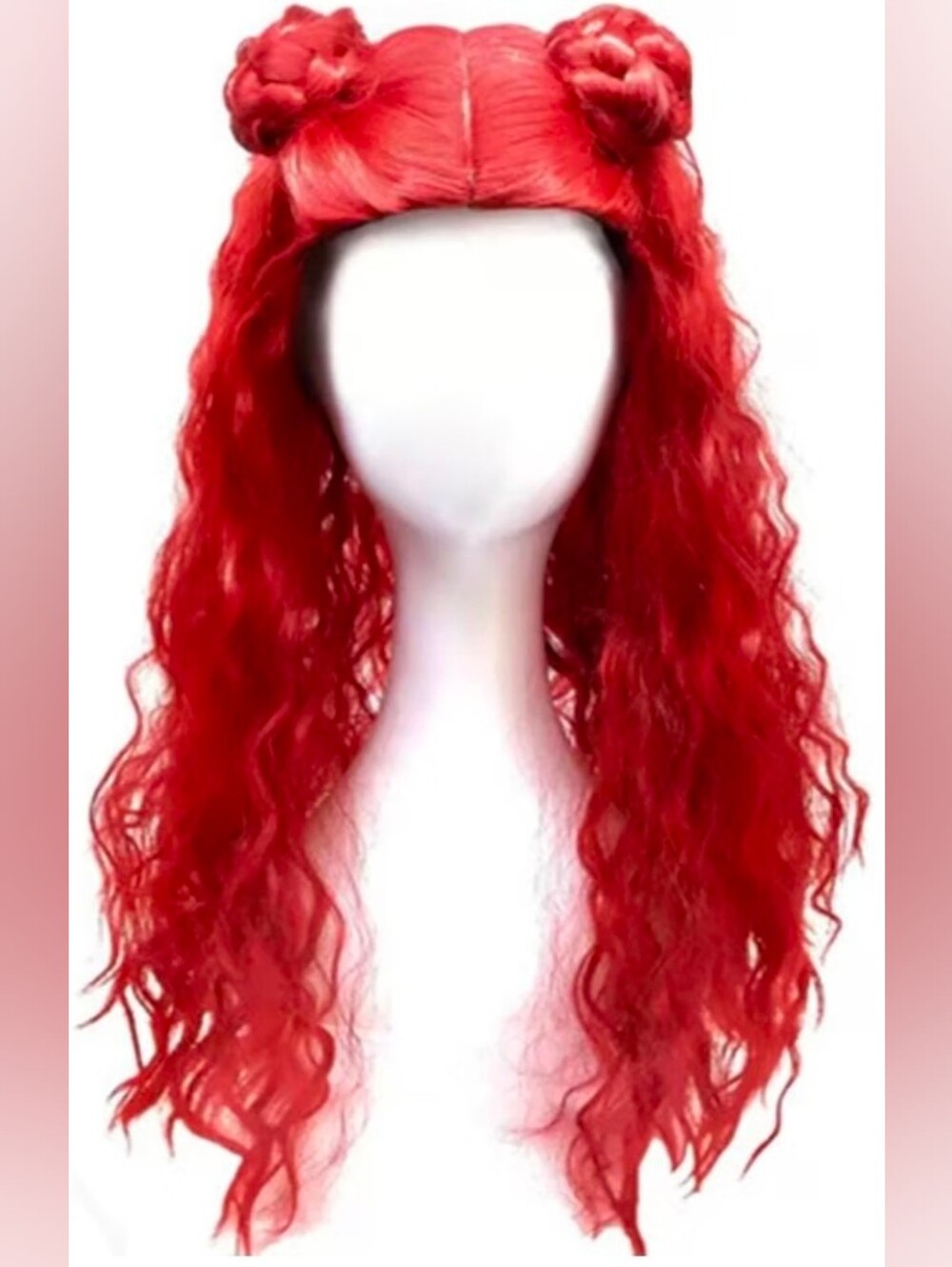 Vibrant Red Long Wavy Wig with Double Top Buns For Halloween Costume